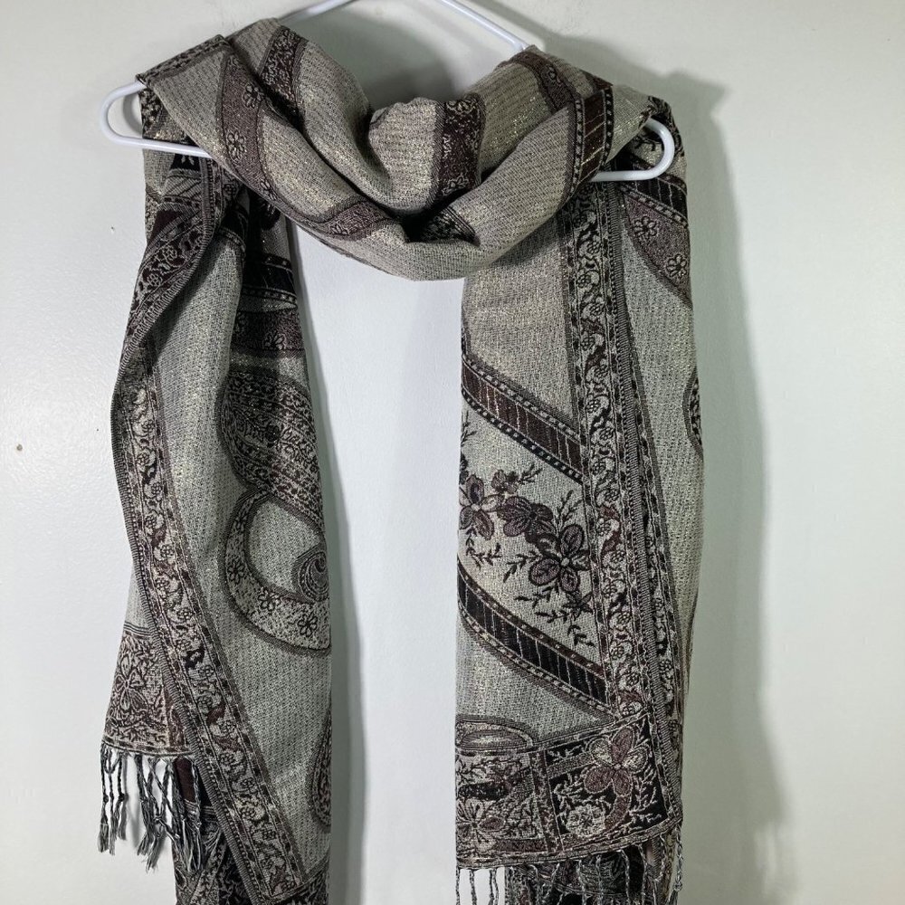 Womens Pashmina & Silk Fringed Shawl Scarf Brown Black White Gold 27 x 68